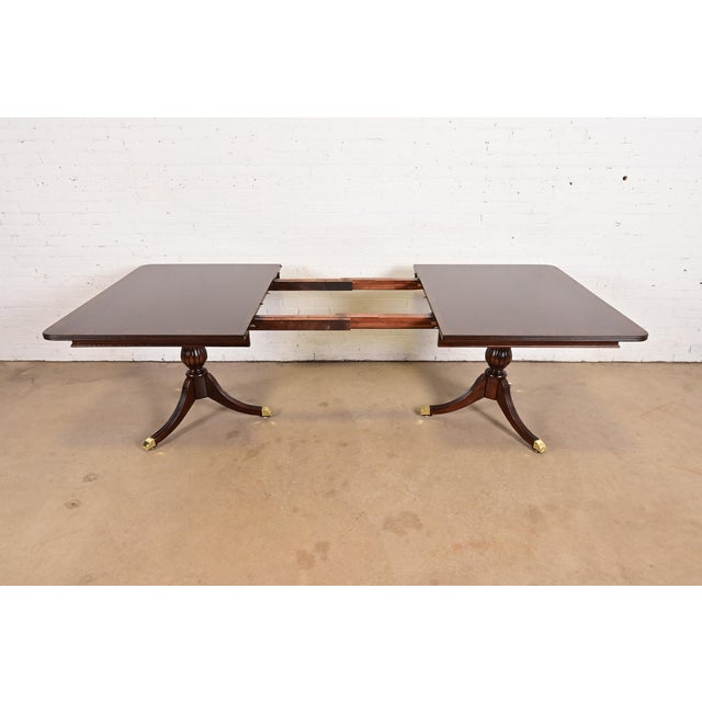 Baker Furniture Style Georgian Banded Mahogany Double Pedestal Extension Dining Table, Newly Refinished For Sale In South Bend - Image 6 of 13