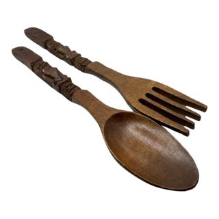 Vintage 22" Hand-Carved Wood Tiki Spoon & Fork Wall Decor - Philippines For Sale