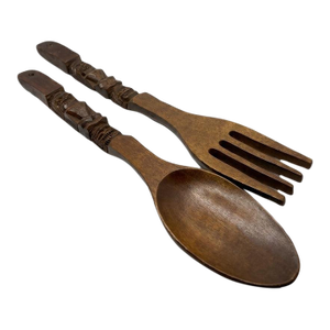 Vintage 22" Hand-Carved Wood Tiki Spoon & Fork Wall Decor - Philippines