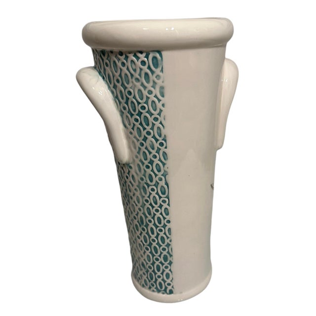 Vintage Geometric Turquoise Bird on a Branch Motif Vase For Sale - Image 4 of 11