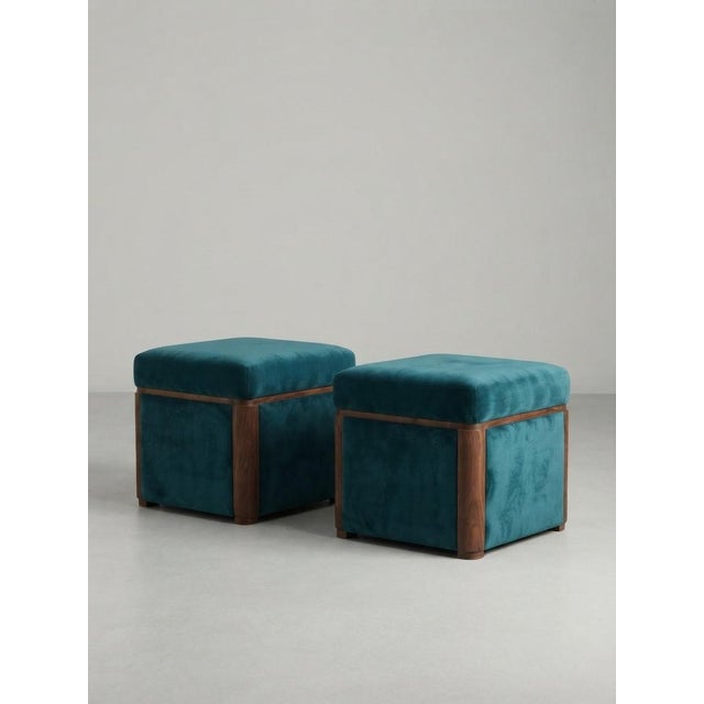 Hungarian Art Deco Ottomans in Teal Blue Velvet with Wooden Frames, 1930s, Set of 2 For Sale - Image 3 of 4