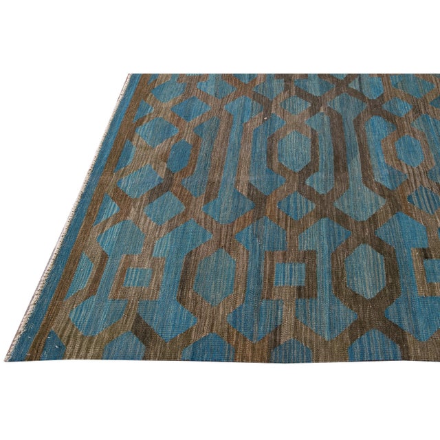 Modern Geometric Kilim Handmade Room Size Blue Wool Rug For Sale - Image 4 of 11