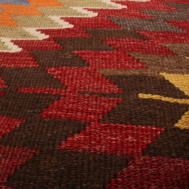 Vintage Mid-Century Diamond Beige-Brown and Green Wool Kilim Rug For Sale In New York - Image 6 of 7