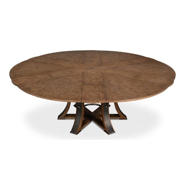 Art Deco Large Round Dining Table in Light Brown Oak With Iron Base For Sale - Image 3 of 11