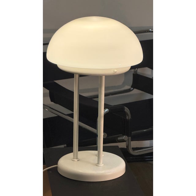 Vintage Mushroom Tripod Table Lamp in Opaline Glass and White Steel, 1970s For Sale - Image 10 of 11