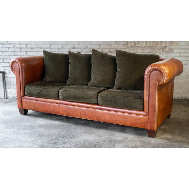 English Ralph Lauren Chesterfield Cognac Leather and Corduroy Sofa For Sale - Image 3 of 17