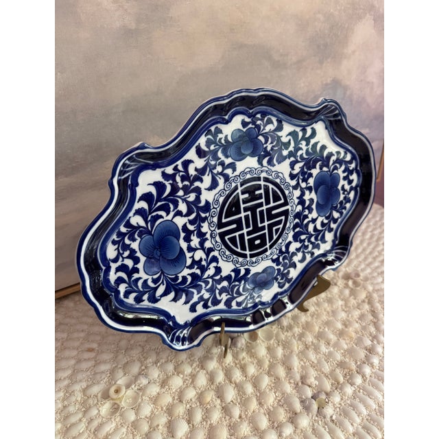 Chinoiserie Vintage Bombay Company Blue and White Oriental Oblong Tray For Sale - Image 3 of 6