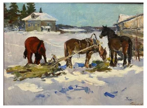 Leonid Vaichili, February, Horses in the Snow, Oil Painting, 1965