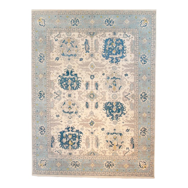 Michelle Hand Knotted Wool Rug, Ivory/Aqua - 9' x 12' For Sale