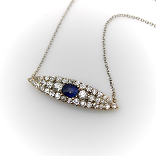 Victorian Late 19th Century Victorian 14k Gold Diamond and Sapphire Eye-Shaped Pendant Necklace For Sale - Image 3 of 10