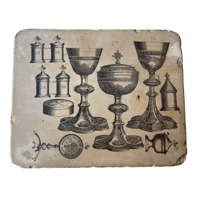 Vintage Stone With Antique Chalice Print for Display For Sale