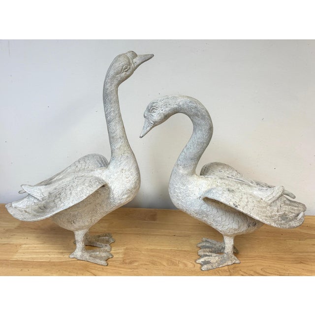 Pair Zinc Alloy Swan Garden Sculptures Good Scale & Weathered Surface A striking pair of American zinc alloy swan garden...