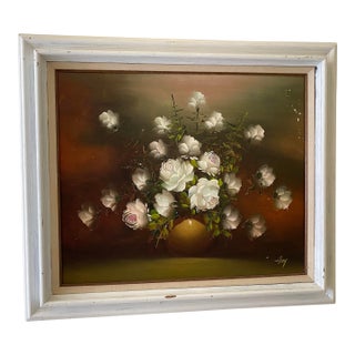 Vintage 1950s Shabby Chic White Roses Oil Painting- Signed, Framed For Sale