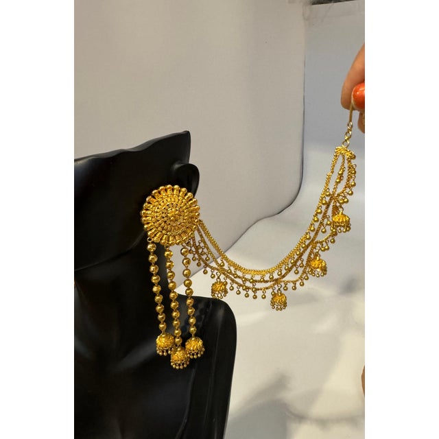 22k Gold Drop Earrings With 'Attached' Champasaralu / Ear Chains, 72 Gm For Sale In New York - Image 6 of 8