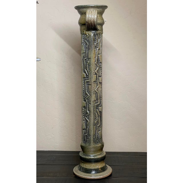 Early 21st Century 20” Tall Column Architectural Brutalist Studio Pottery Vase Geometric Textured Patterns For Sale - Image 5 of 12