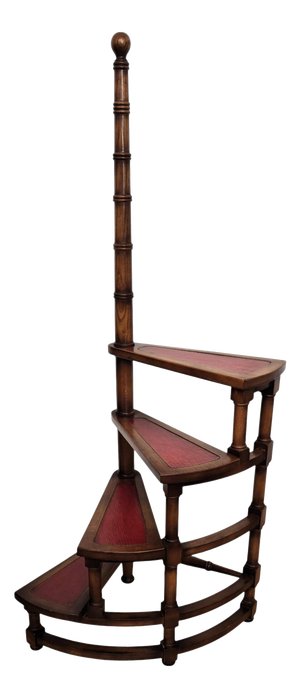 Mid-Century Italian Carved Walnut Wood and Leather Spiral 4-Step Library Ladder, 1950s