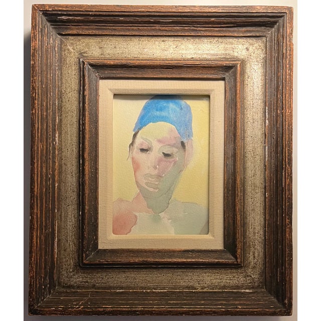 Mid-Century Modern Mid-Century Modern French Watercolor Painting Portrait of an Actor in Fine Silver Gilt Wood Frame For Sale - Image 3 of 7