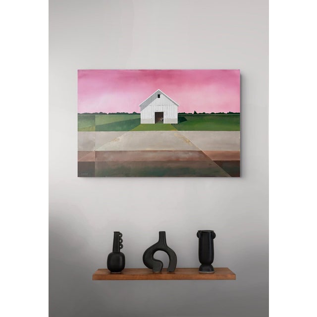 Pink Alizarine Sky by Justin Wheatley | Acrylic on Canvas Barn Landscape With Pink Sky For Sale - Image 8 of 11
