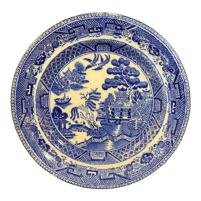 Antique 19th Century English Blue Willow Ironstone Dessert Plate – Chinoiserie Pie Dish For Sale