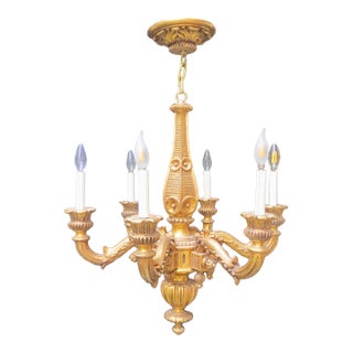 1950s Italian Gilt Wood Six Armed Chandelier For Sale