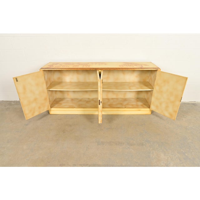 1970s Baker Furniture Style Hollywood Regency Chinoiserie Hand-Painted Cream Lacquered Sideboard Credenza, Circa 1970s For Sale - Image 5 of 11