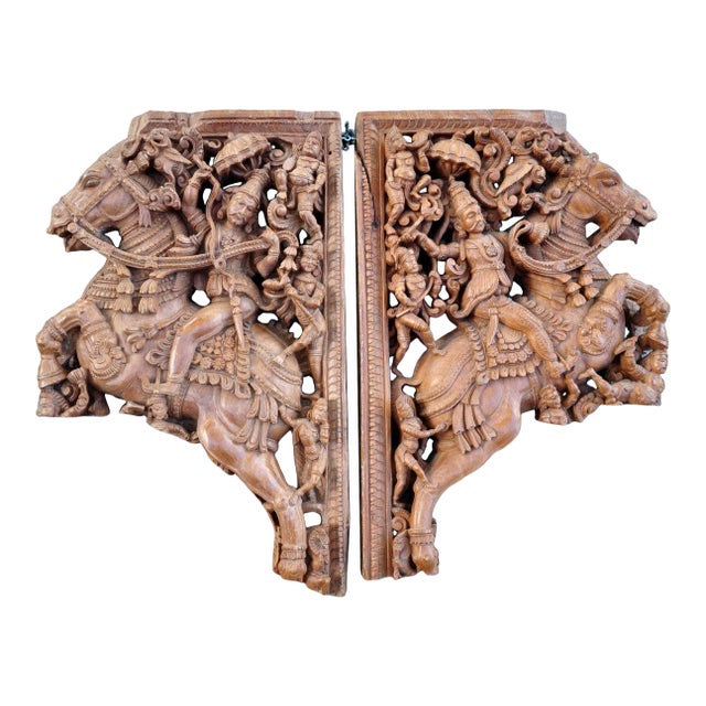 Pair of Sandalwood Architectural Bracket Depicting a Warrior on Horseback For Sale