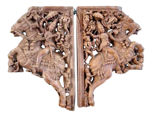 Pair of Sandalwood Architectural Bracket Depicting a Warrior on Horseback