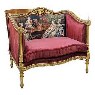 The Burgundy Salon – French Louis XVI-Inspired Settee With Velvet Upholstery, Gilded Frame & Painted Backrest For Sale