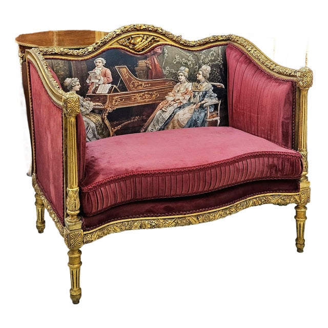 The Burgundy Salon – French Louis XVI-Inspired Settee With Velvet Upholstery, Gilded Frame & Painted Backrest For Sale
