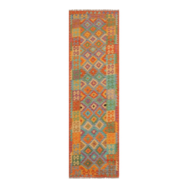 Navajo Style Kilim Blue Rust Hand Woven Rug - 2'9" X 9'9" For Sale