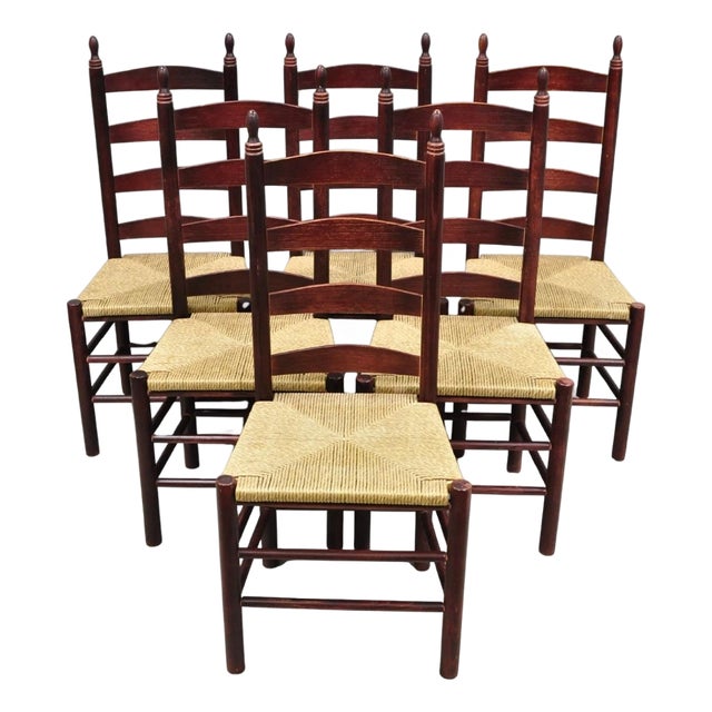 Late 20th Century Primitive Rustic Ladder Back Woven Rush Seat Dining Side Chairs - Set of 6 For Sale