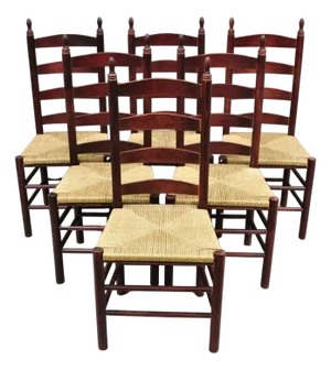 Late 20th Century Primitive Rustic Ladder Back Woven Rush Seat Dining Side Chairs - Set of 6