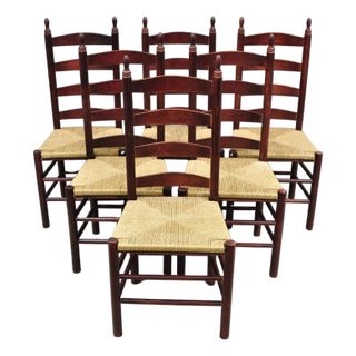 Primitive Rustic Ladder Back Woven Rush Seat Dining Side Chairs - Set of 6 For Sale