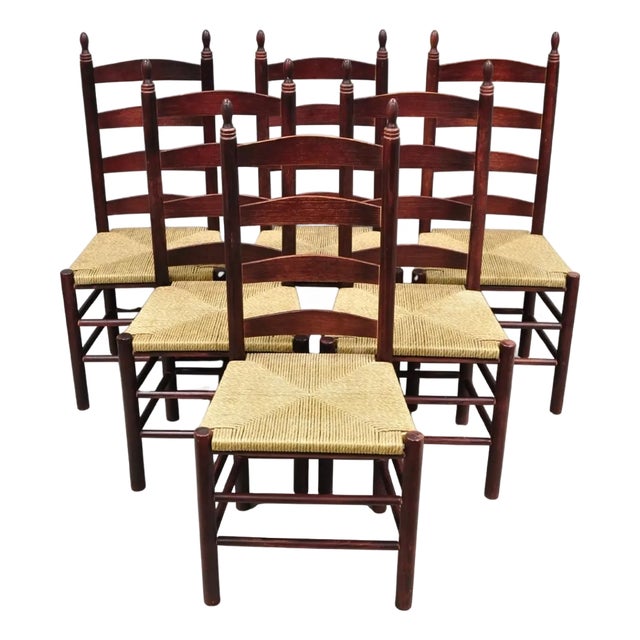 Primitive Rustic Ladder Back Woven Rush Seat Dining Side Chairs - Set of 6 For Sale