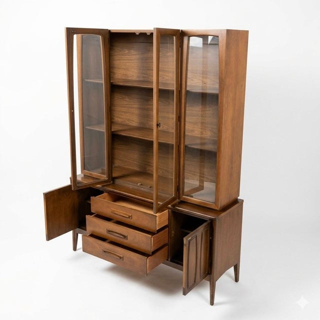 This 1960s Broyhill Emphasis two-piece china cabinet showcases the refined, sculptural style that defines mid century...