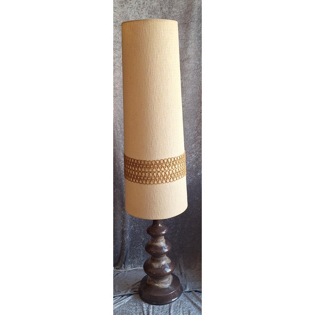 Mid-Century Floor Lamp with Brown Ceramic Base in the Fat Lava with Beige Fabric Shade by Pan, 1960s, in Very Good...