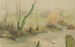 H. Christiansen, Stream landscape with willows near fallen fruit meadow, 1917, Pencil