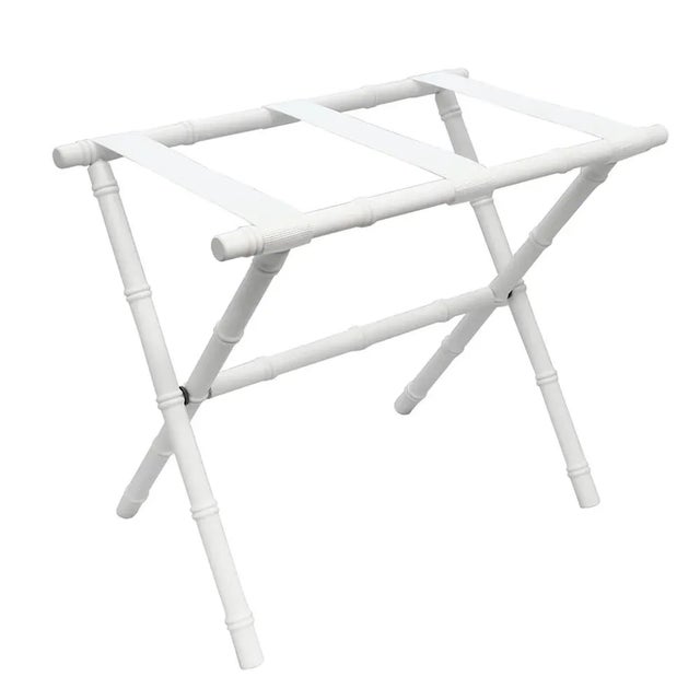 Transitional White Wood Bamboo Inspired Luggage Rack with 3 White Nylon Straps For Sale - Image 3 of 3