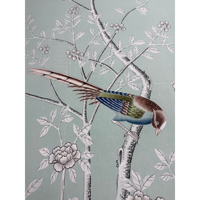 Hand Painted Chinoiserie Tea Paper Wallcovering Panels With Birds and Blossoms, Set of 3 For Sale - Image 4 of 6