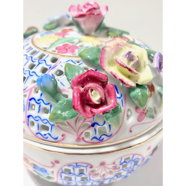 Decorative Pierced Porcelain Rose Jar With Applied Flowers - Floral Lidded Potpourri Bowl - Chinoiserie Style For Sale - Image 9 of 11