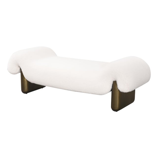 Brad Modern White Bouclé Bench with Sculptural Curves and Cast Iron Base For Sale