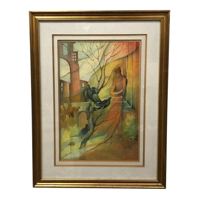 "Listening to the Light" - Late 20th Century Woman and the Birds Original Watercolor Signed, Framed For Sale