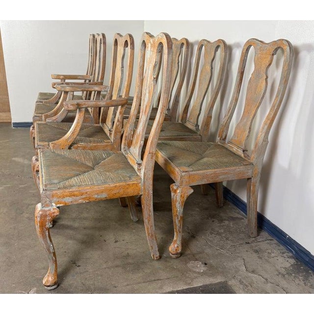 Early 20th Century Set of Eight Queen Anne Dining Chairs, Carved Wood, Distressed Finish For Sale - Image 5 of 16