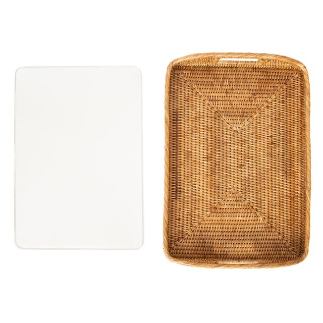 Artifacts Rattan Rectangular Tray with Glass Insert in Honey Brown - 14" For Sale - Image 4 of 5