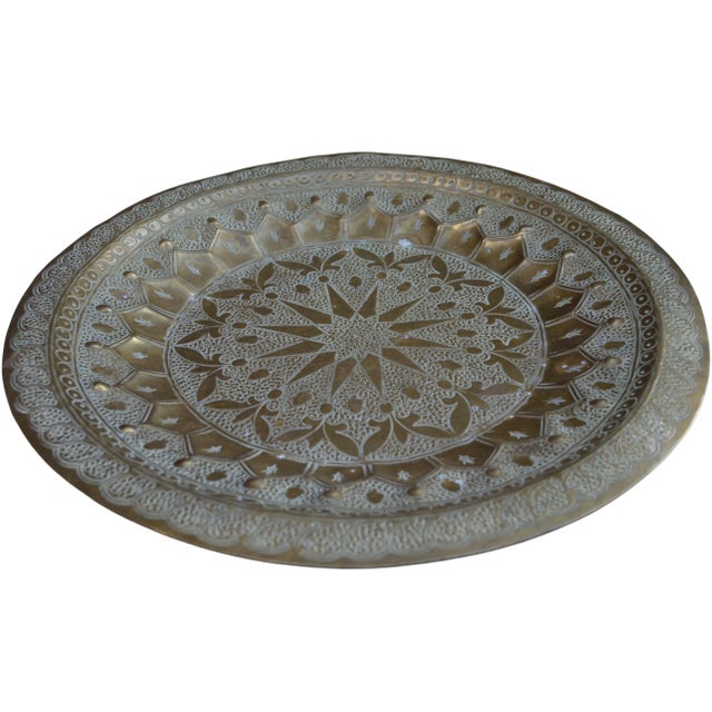 Metal Antique Hand-Engraved Moroccan Brass Tray For Sale - Image 7 of 11