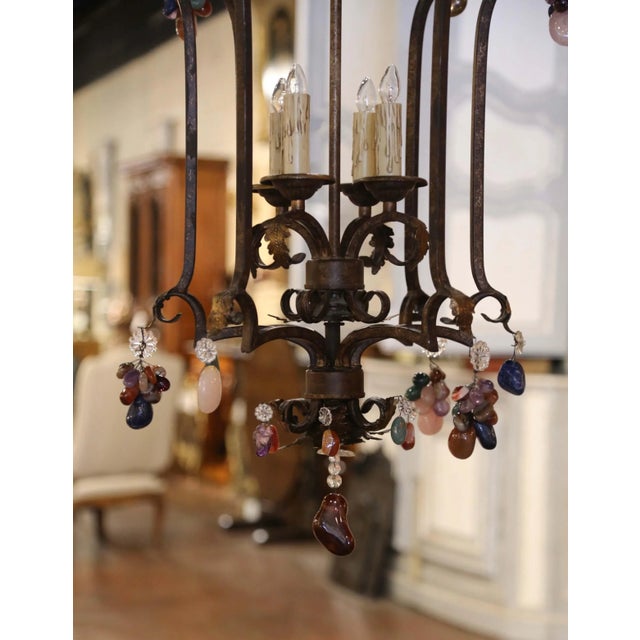 Mid-Century French Louis XV Style Iron and Crystal Four-Light Lantern For Sale - Image 4 of 9