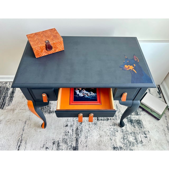 Hand-painted and refinished coffee table One-of-a-kind furniture art piece Deep black-gray(leather effect) finish with...