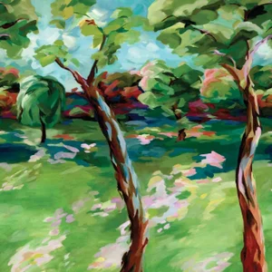 Harlequin In the Woods Wallpaper in Sky/Emerald/Carnelian - a Sample