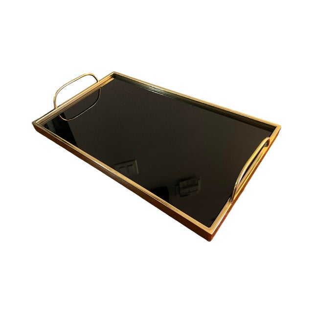 Traditional Brass Gold Plated Black Glass Bed Serving Tray Regency Modern Liquor Bar For Sale - Image 3 of 7