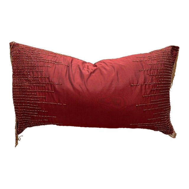 Modern Glam Beaded Fringed Dark Red Accent Pillow Cover For Sale